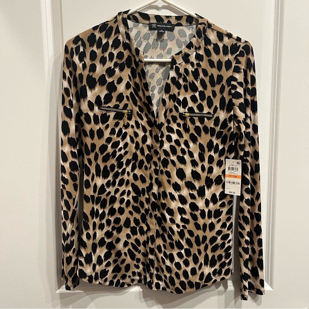 INC INTERNATIONAL CONCEPTS Ombré Cheetah Print Zip-Pocket Top Blouse Size PS.